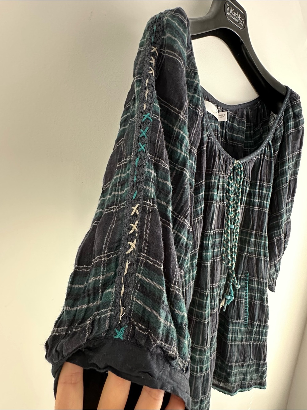 Y2K Zara Navy and Green Plaid Peasant Tunic with Braided Tie S - Picture 5 of 10